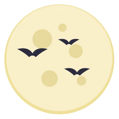 A pale yellow full moon with soft craters, crossed by three small black bat silhouettes.