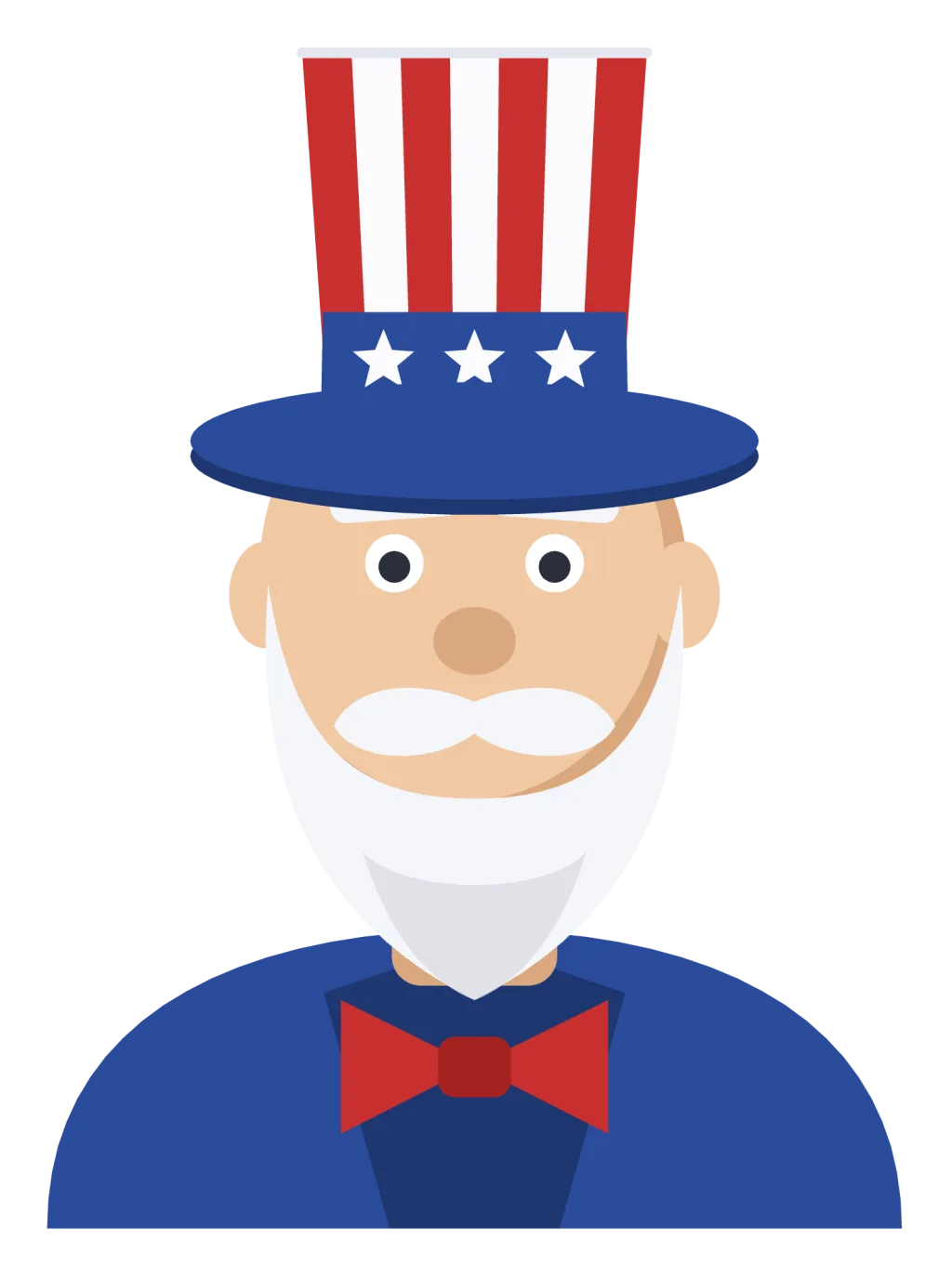 A cartoon Uncle Sam with a white beard, striped top hat, blue jacket and red bow tie, shown from the shoulders up.