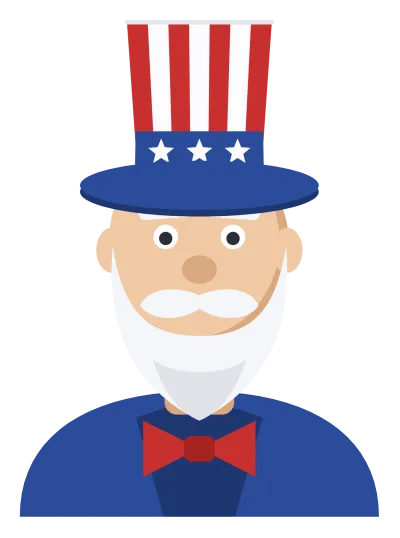 A cartoon Uncle Sam with a white beard, striped top hat, blue jacket and red bow tie, shown from the shoulders up.