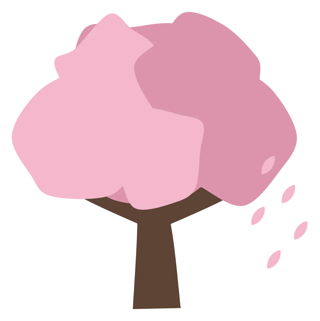 A cherry tree in full blossom with a pink canopy and petals drifting from it.