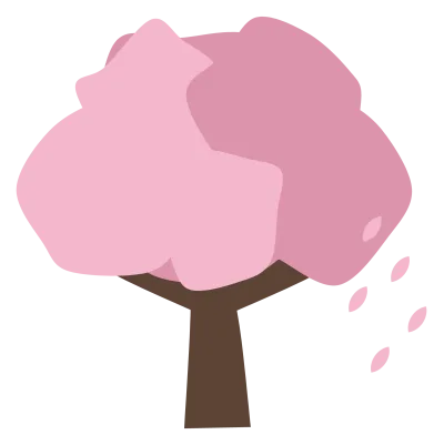 A cherry tree in full blossom with a pink canopy and petals drifting from it.