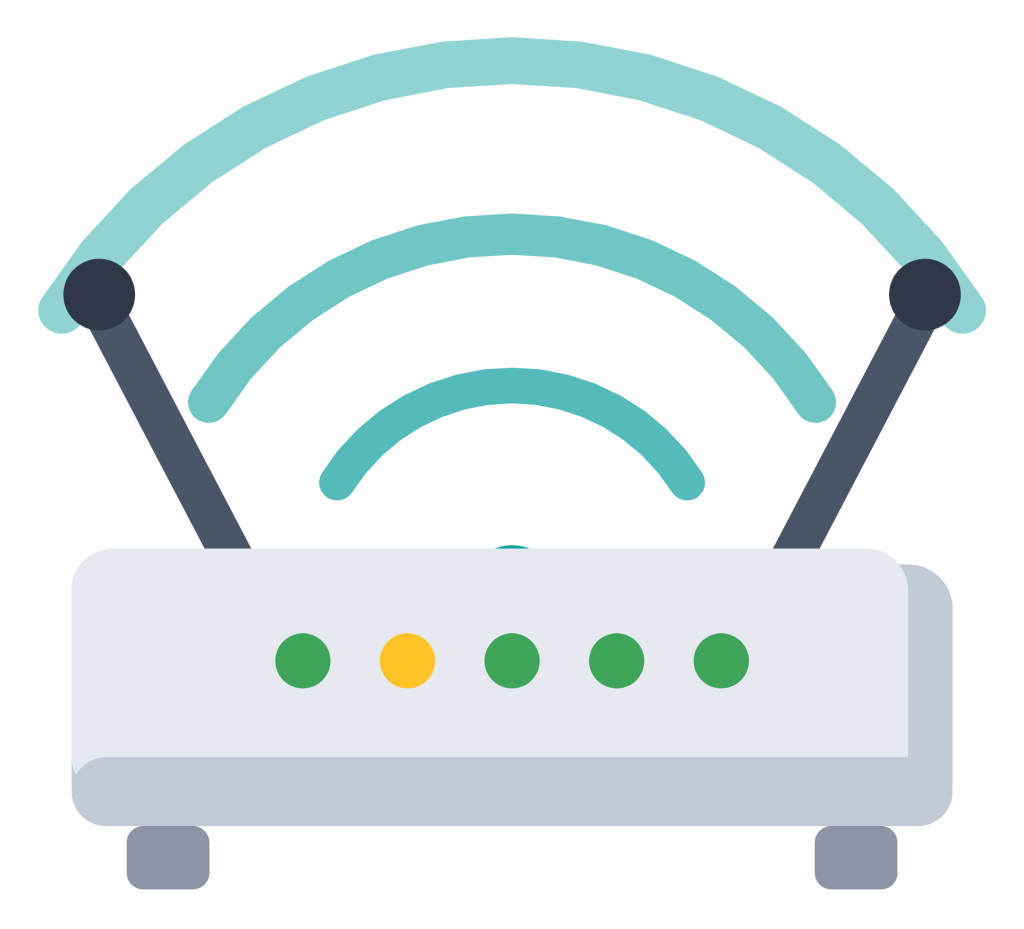 A white wifi router with two antennas, indicator lights and signal arcs rising above it.