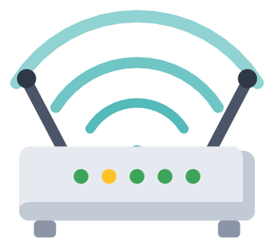 A white wifi router with two antennas, indicator lights and signal arcs rising above it.
