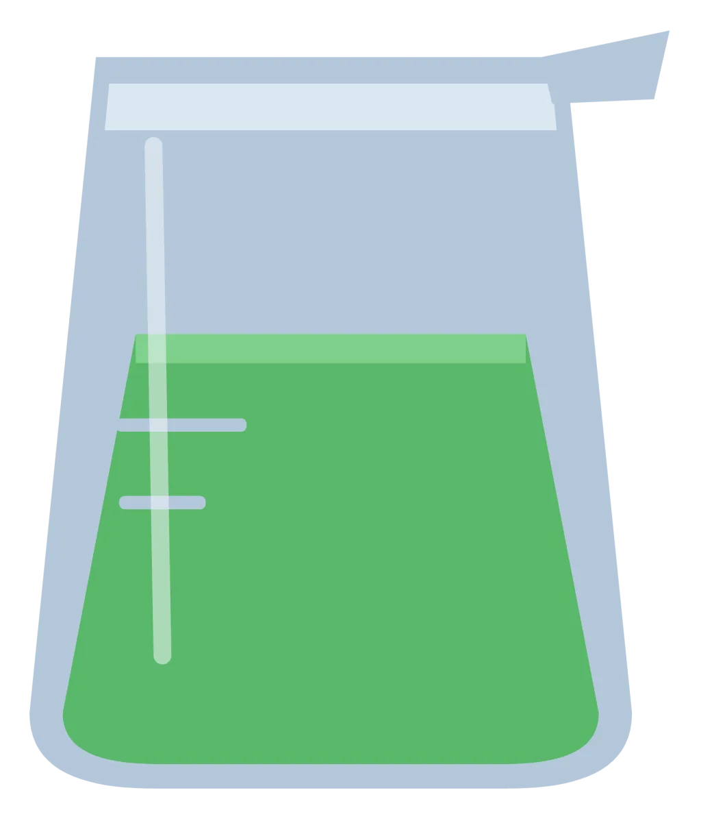 A glass laboratory beaker holding green liquid, with graduation marks and a pouring lip.