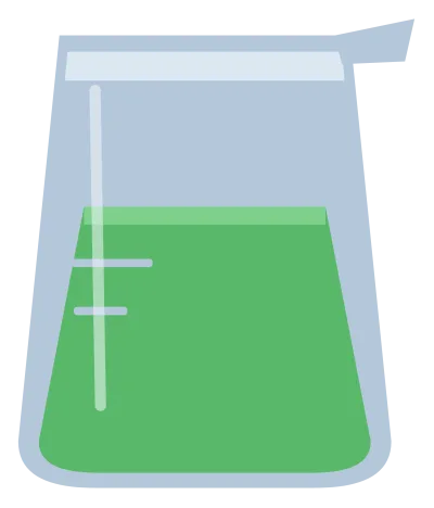 A glass laboratory beaker holding green liquid, with graduation marks and a pouring lip.