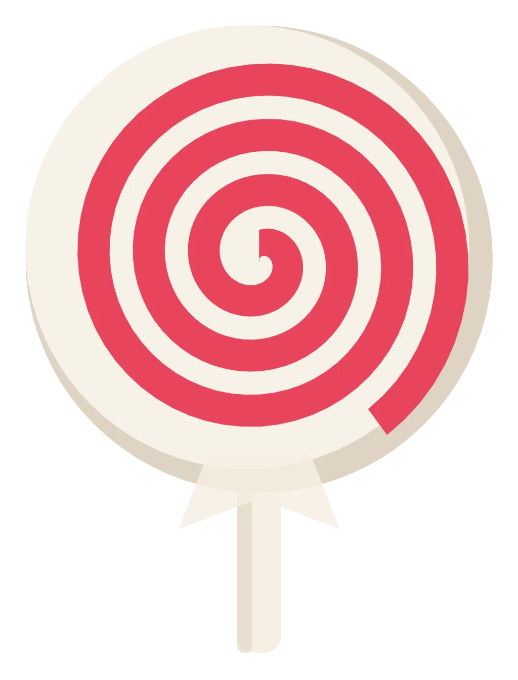 A round swirl lollipop in red and white on a paper stick, with a twist of wrapper at the base.