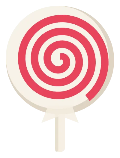 A round swirl lollipop in red and white on a paper stick, with a twist of wrapper at the base.