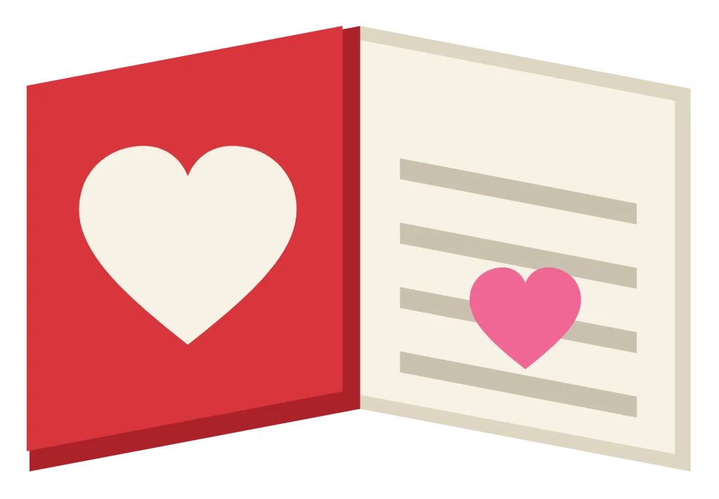 An open valentine card with a red heart on the front and a smaller heart inside.