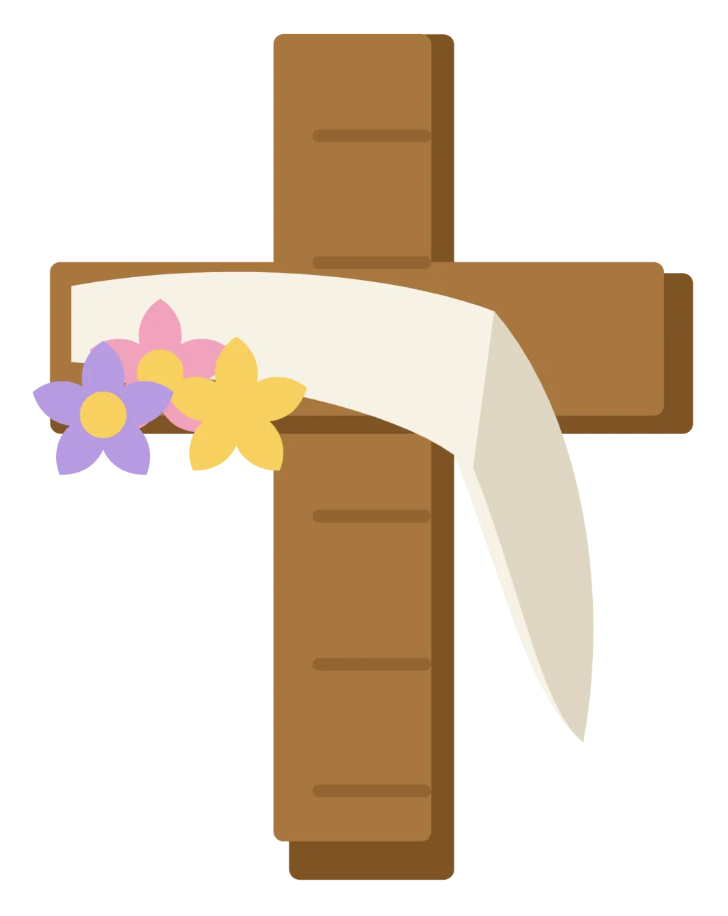 A wooden cross draped with a white cloth and wound with spring flowers at the crossing.
