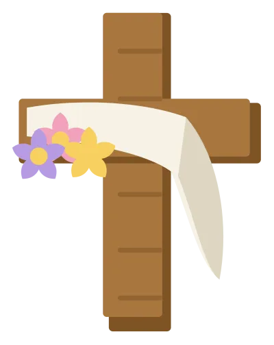 A wooden cross draped with a white cloth and wound with spring flowers at the crossing.
