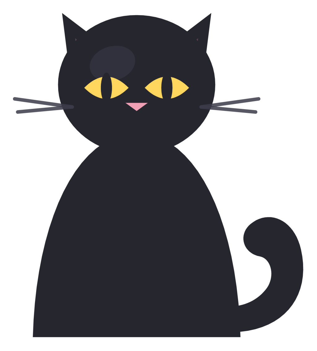 A sitting black cat seen from the front, with pointed ears, a curled tail and yellow eyes.