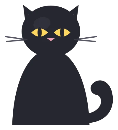 A sitting black cat seen from the front, with pointed ears, a curled tail and yellow eyes.