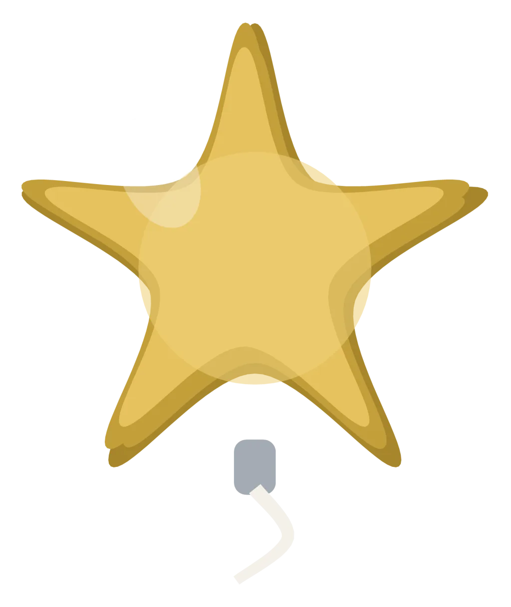 A gold foil star balloon with a seam round the edge, a weighted ribbon and a puffed centre.