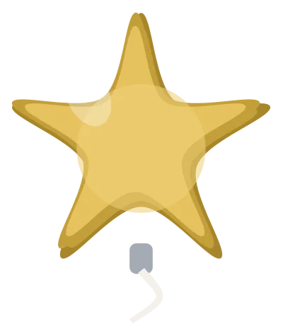 A gold foil star balloon with a seam round the edge, a weighted ribbon and a puffed centre.