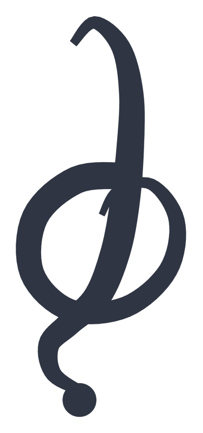 A treble clef drawn as a single flowing stroke with a spiral belly and a curled tail.