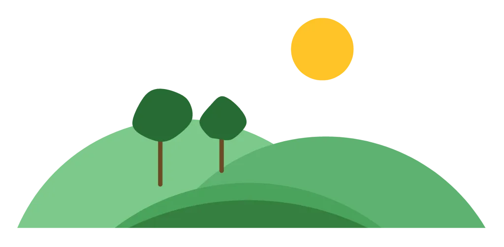 Green rolling hills in three shades with two small trees and a sun.