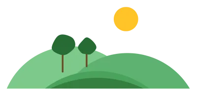 Green rolling hills in three shades with two small trees and a sun.