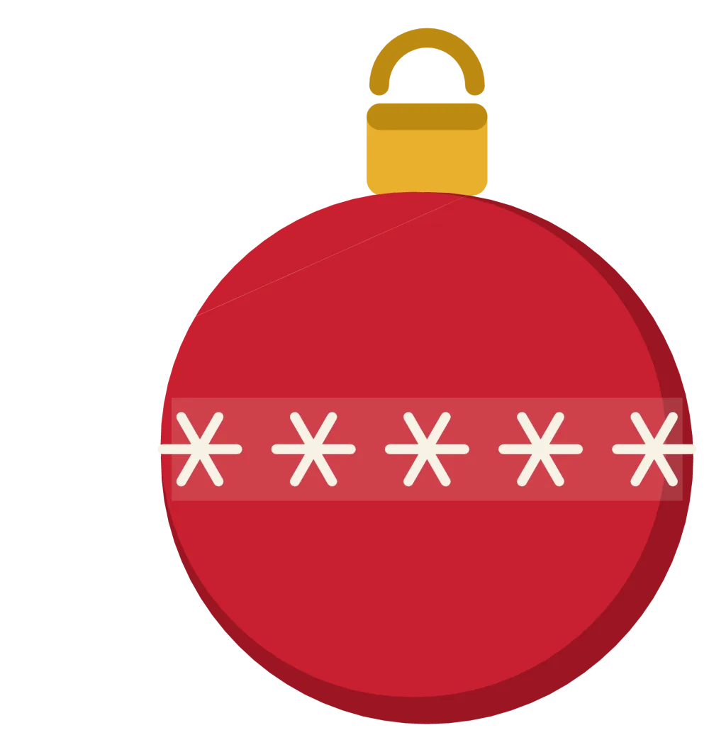 A red glass bauble with a gold cap and hanging loop, decorated with a band of snowflakes.