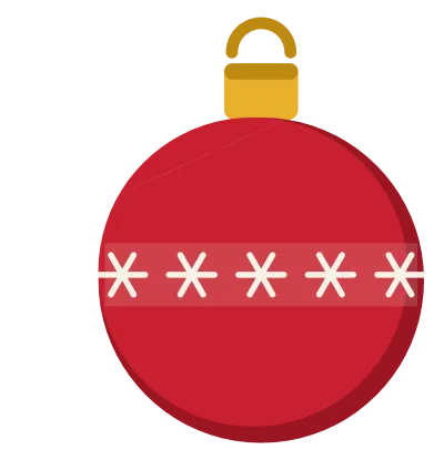 A red glass bauble with a gold cap and hanging loop, decorated with a band of snowflakes.