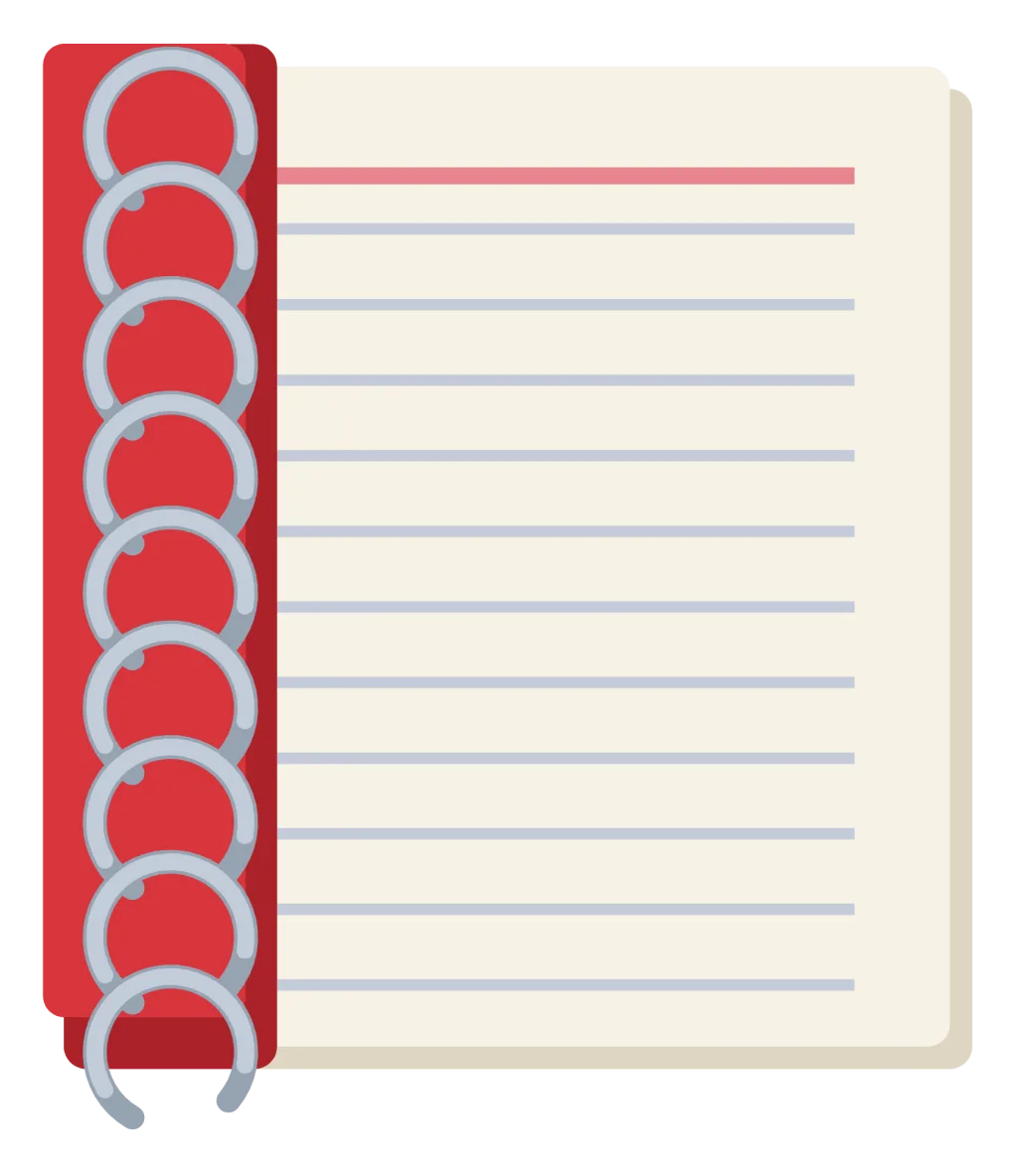 A spiral-bound notebook with a red cover, ruled pages and a wire binding down one side.