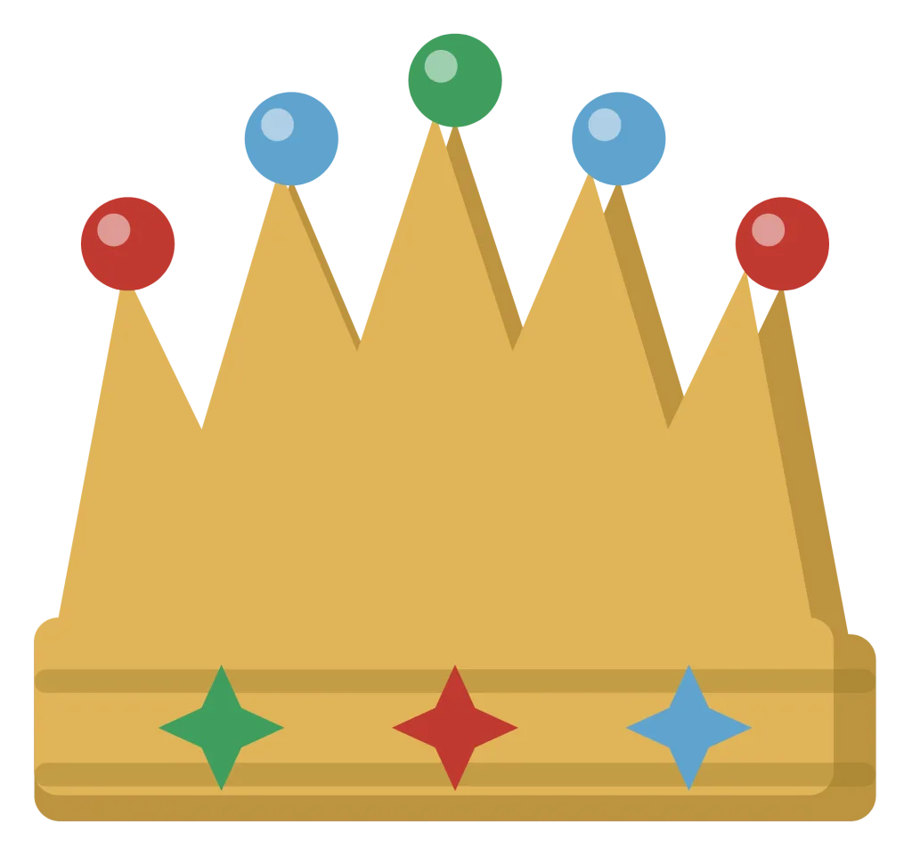 A gold crown with five points, each tipped with a jewel, above a banded rim.