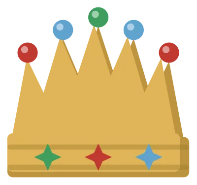A gold crown with five points, each tipped with a jewel, above a banded rim.