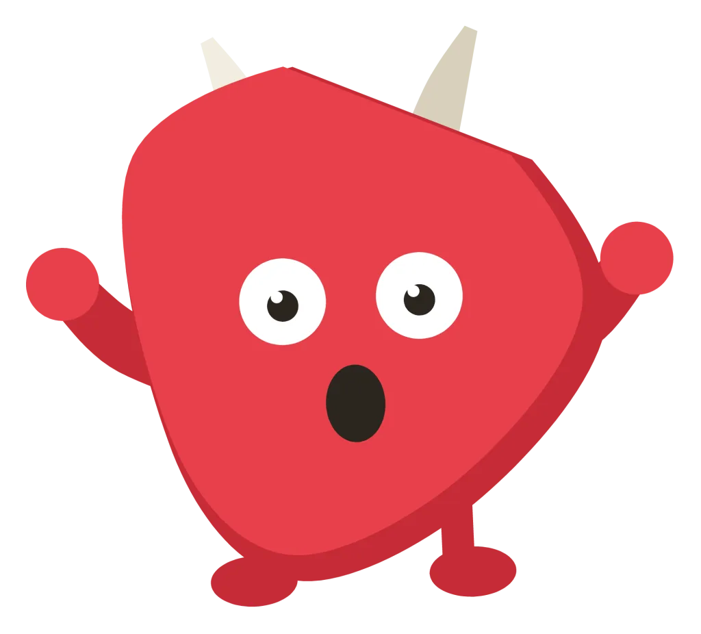 A red Snip with two horns, both arms raised and a round open mouth.