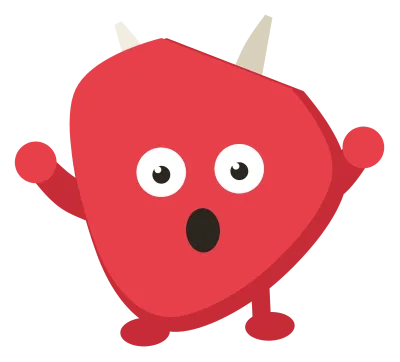 A red Snip with two horns, both arms raised and a round open mouth.