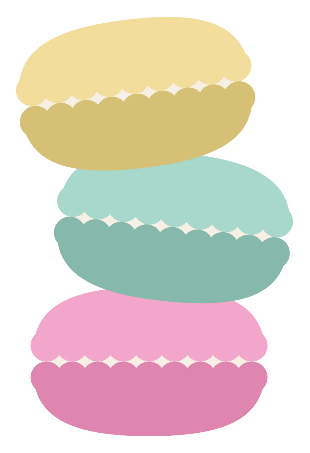 Three stacked macarons in pink, mint and lemon, each with a ruffled foot and a cream filling.
