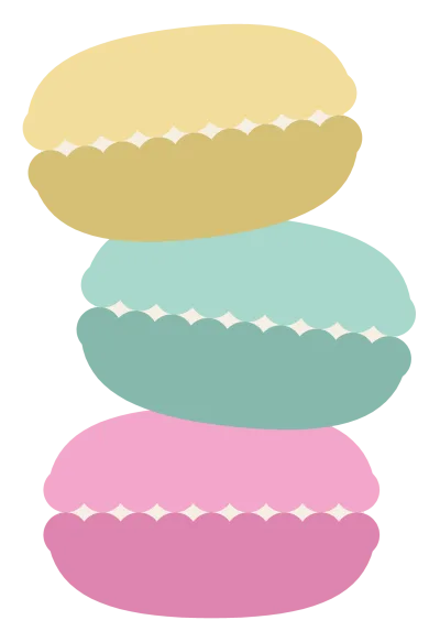 Three stacked macarons in pink, mint and lemon, each with a ruffled foot and a cream filling.