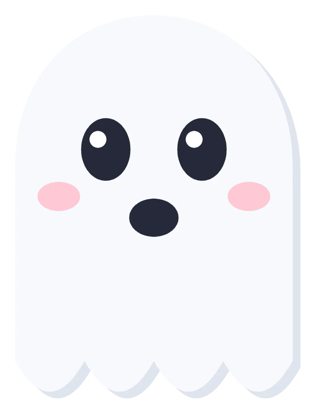 A white cartoon ghost with a rounded head, a wavy scalloped tail and two round black eyes.