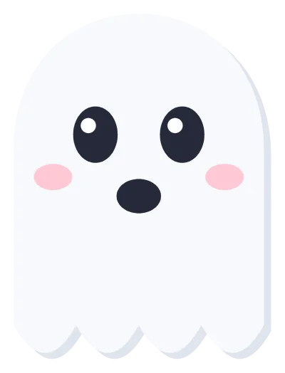 A white cartoon ghost with a rounded head, a wavy scalloped tail and two round black eyes.