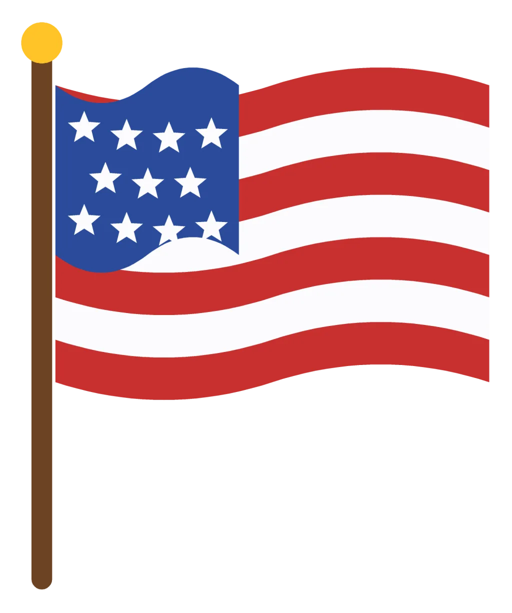 A waving American flag with red and white stripes and a blue canton of white stars, flying from a brown pole.