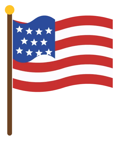A waving American flag with red and white stripes and a blue canton of white stars, flying from a brown pole.