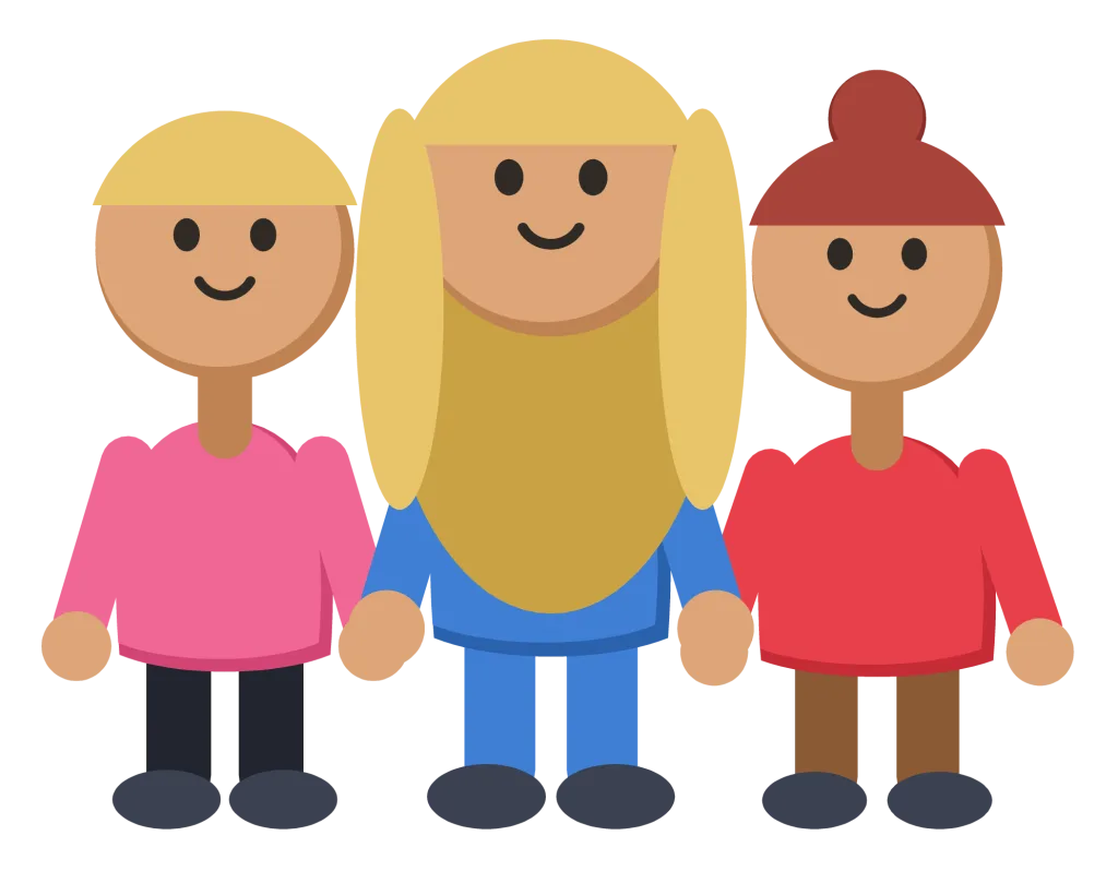 Three cartoon children standing side by side, with different skin tones, hair and clothes.