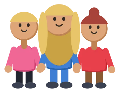 Three cartoon children standing side by side, with different skin tones, hair and clothes.