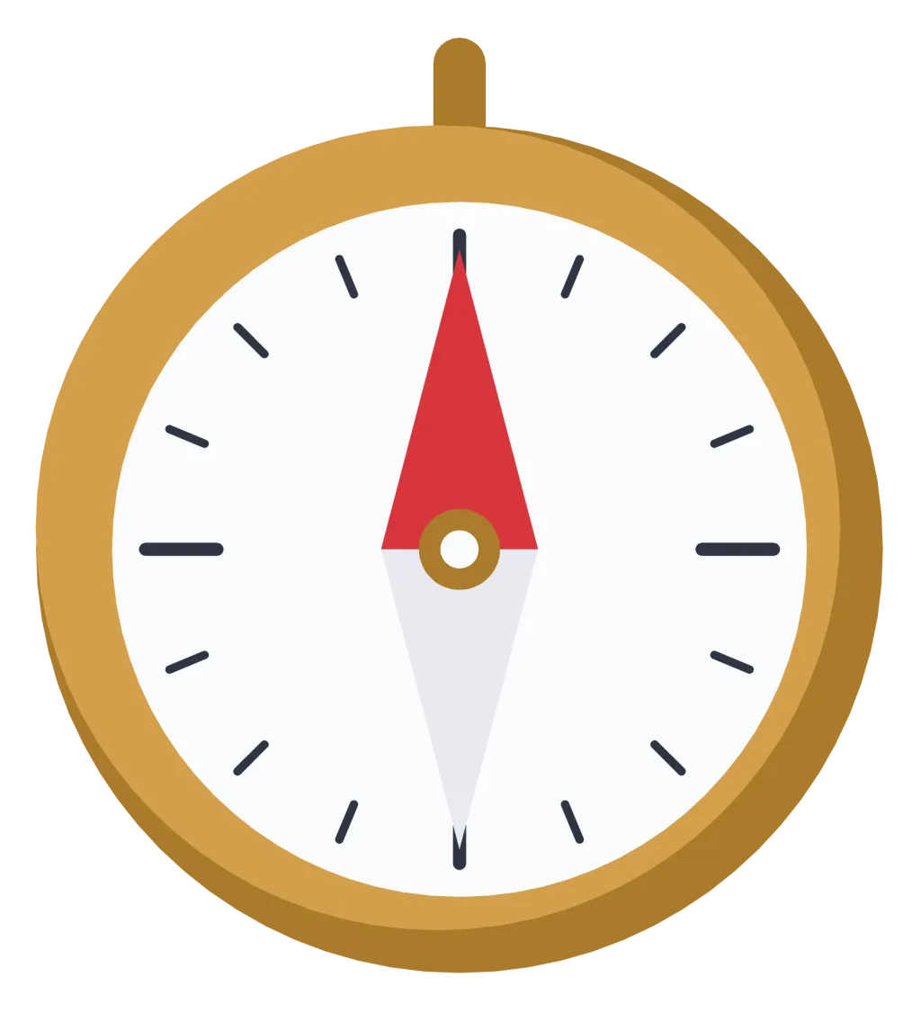 A brass compass with a red and white needle pointing north and marked cardinal points.