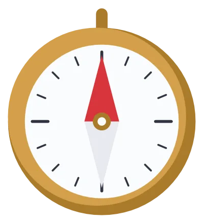 A brass compass with a red and white needle pointing north and marked cardinal points.