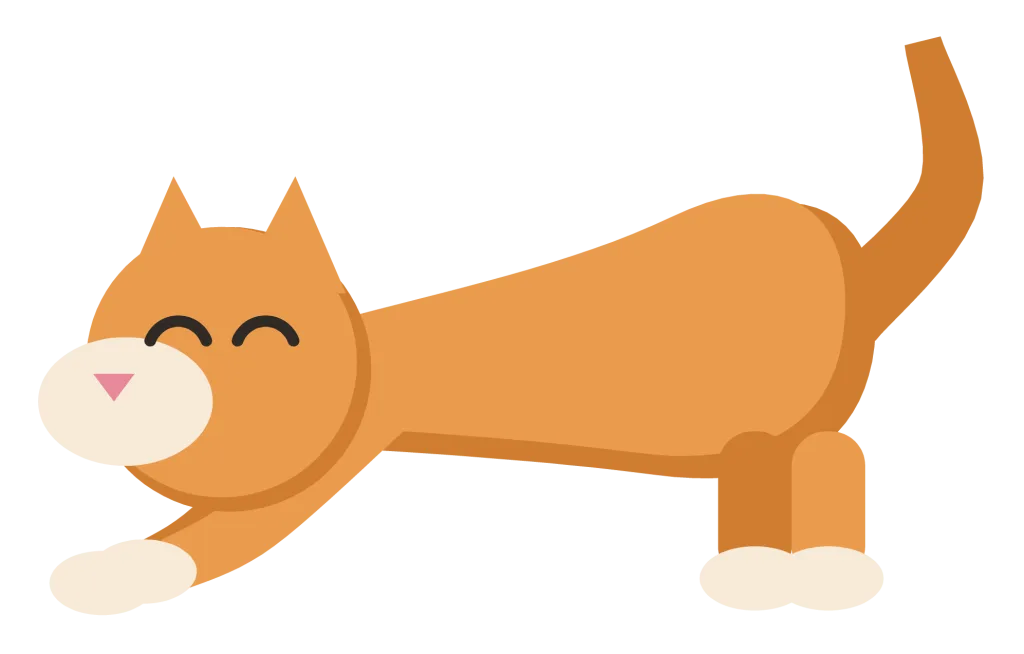 A ginger cat stretching in side view, front legs reaching forward and hindquarters raised.