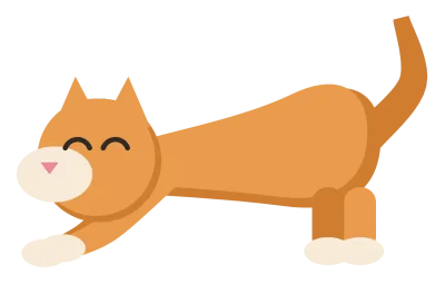 A ginger cat stretching in side view, front legs reaching forward and hindquarters raised.
