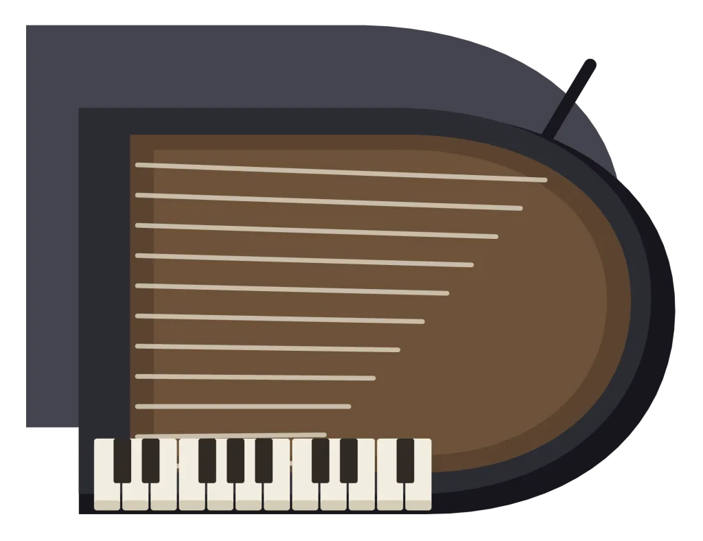 A black grand piano seen from above with the lid raised, showing the soundboard, strings and keyboard.