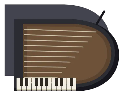 A black grand piano seen from above with the lid raised, showing the soundboard, strings and keyboard.
