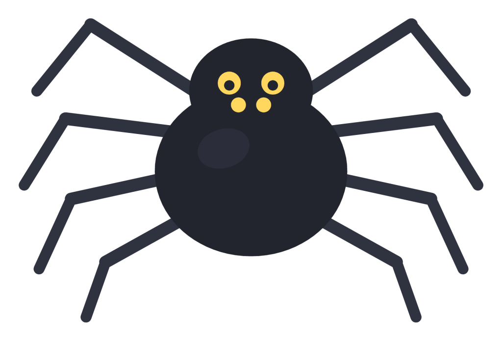 A round black spider with eight curved legs and four small yellow eyes.