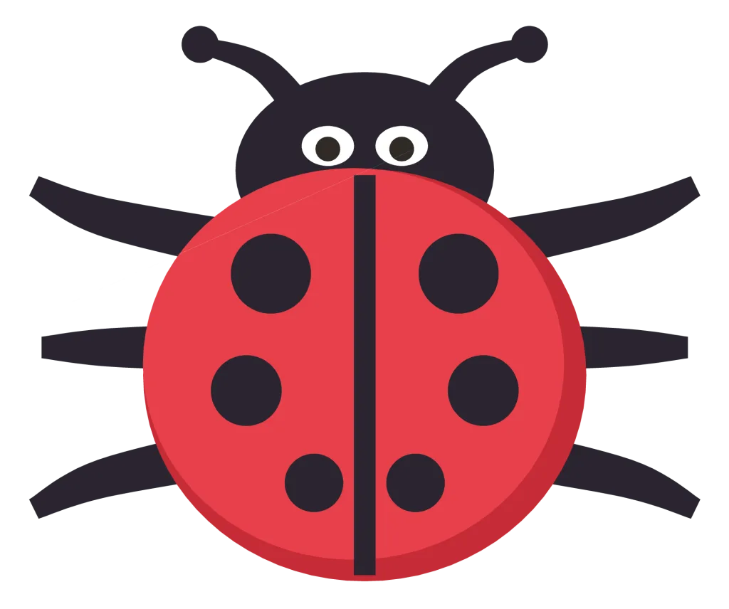 A red ladybug seen from above with six black spots, a dark head and small legs.