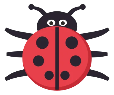 A red ladybug seen from above with six black spots, a dark head and small legs.