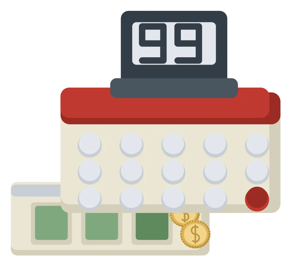 A cream and red cash register with a keypad, a raised display and the drawer open showing notes and coins.