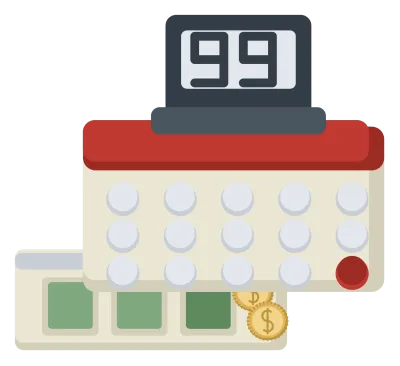 A cream and red cash register with a keypad, a raised display and the drawer open showing notes and coins.