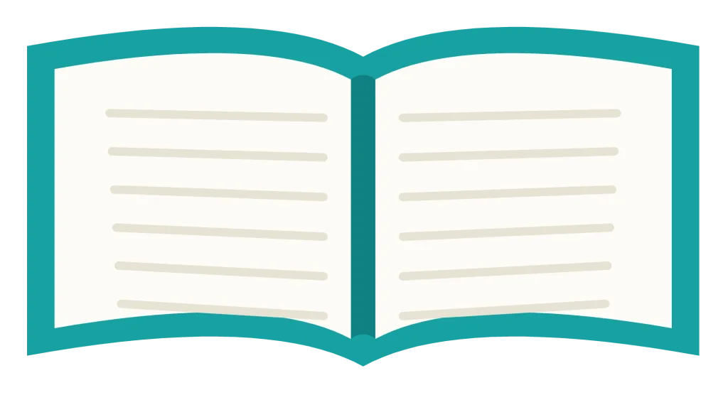An open book seen from above with two cream pages of ruled text and a teal cover.