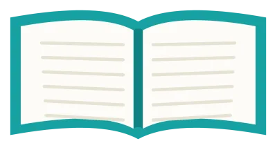 An open book seen from above with two cream pages of ruled text and a teal cover.