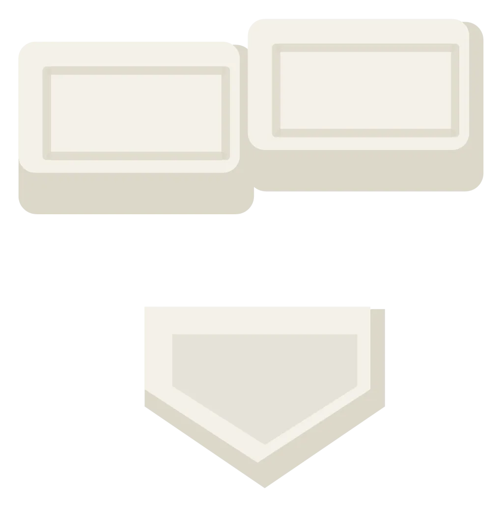 A set of baseball bases: three white square bags and the five-sided home plate.